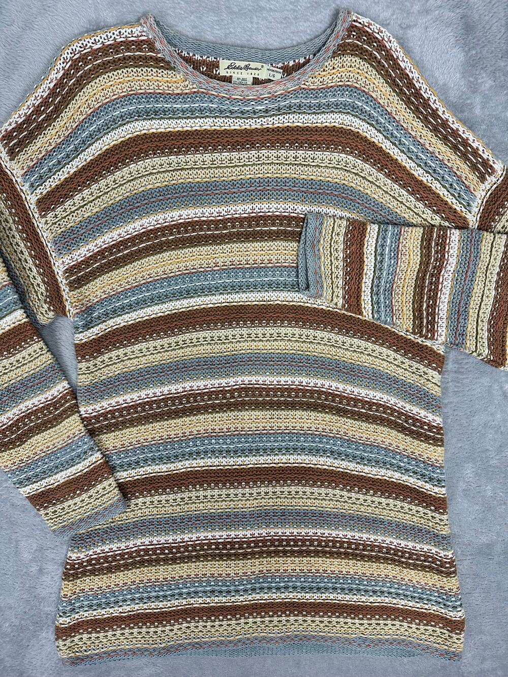 Vintage Eddie Bauer Linen Crochet Knit Tunic Sweater Earthy Coastal Fisherman L
